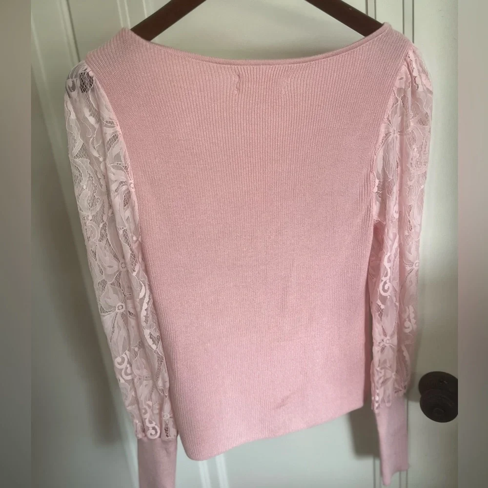 NWT Anthropologie Gayla Pink Lace Puff Sleeve Bodice Knit Sweater